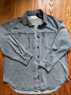 NWT Denim Bedazzled Iridescent Oversize Flannel Coat Jean Jacket Medium